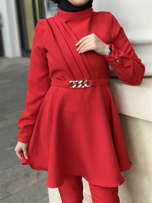 Zincir Kemerli Drapeli Takım Kırmızı