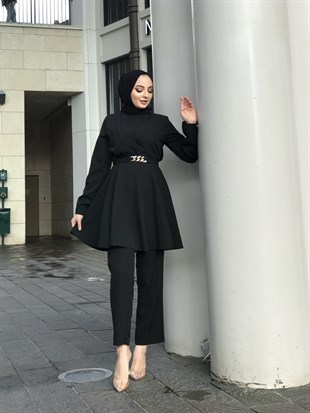 Zincir Kemerli Drapeli Takım Siyah
