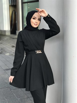 Zincir Kemerli Drapeli Takım Siyah