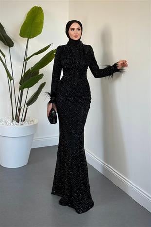 Zuelia Taşlı Kuyruklu Balık Abiye Siyah 