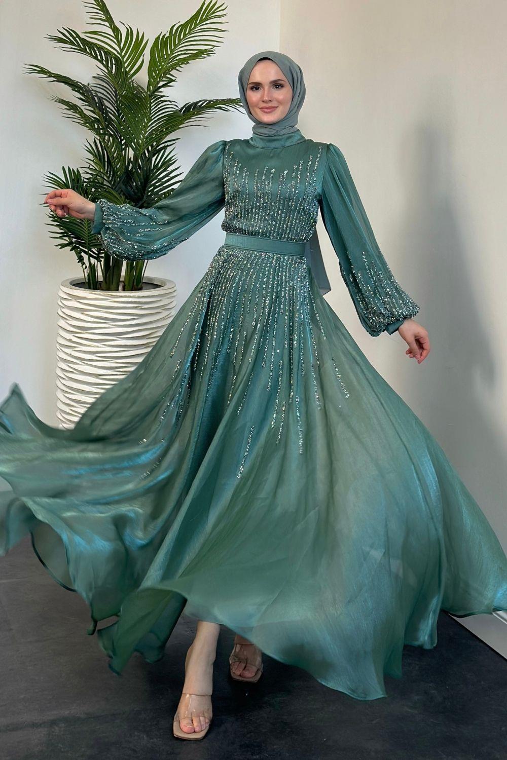 Alina Taş İşlemeli Organze Abiye Mint