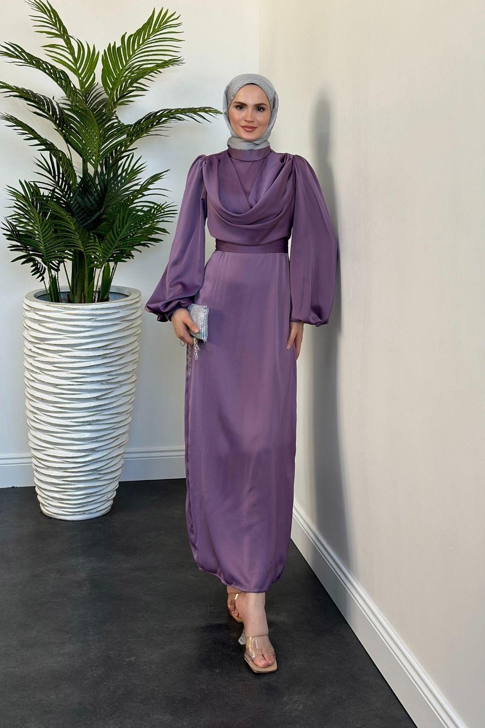 Amber Drape Detay Saten Abiye Lila