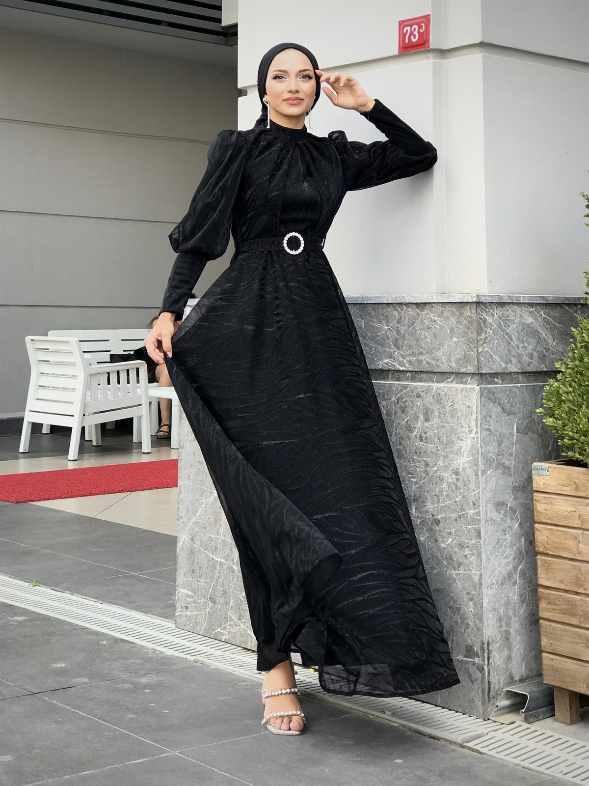 Asena Karpuz Kol Abiye Siyah