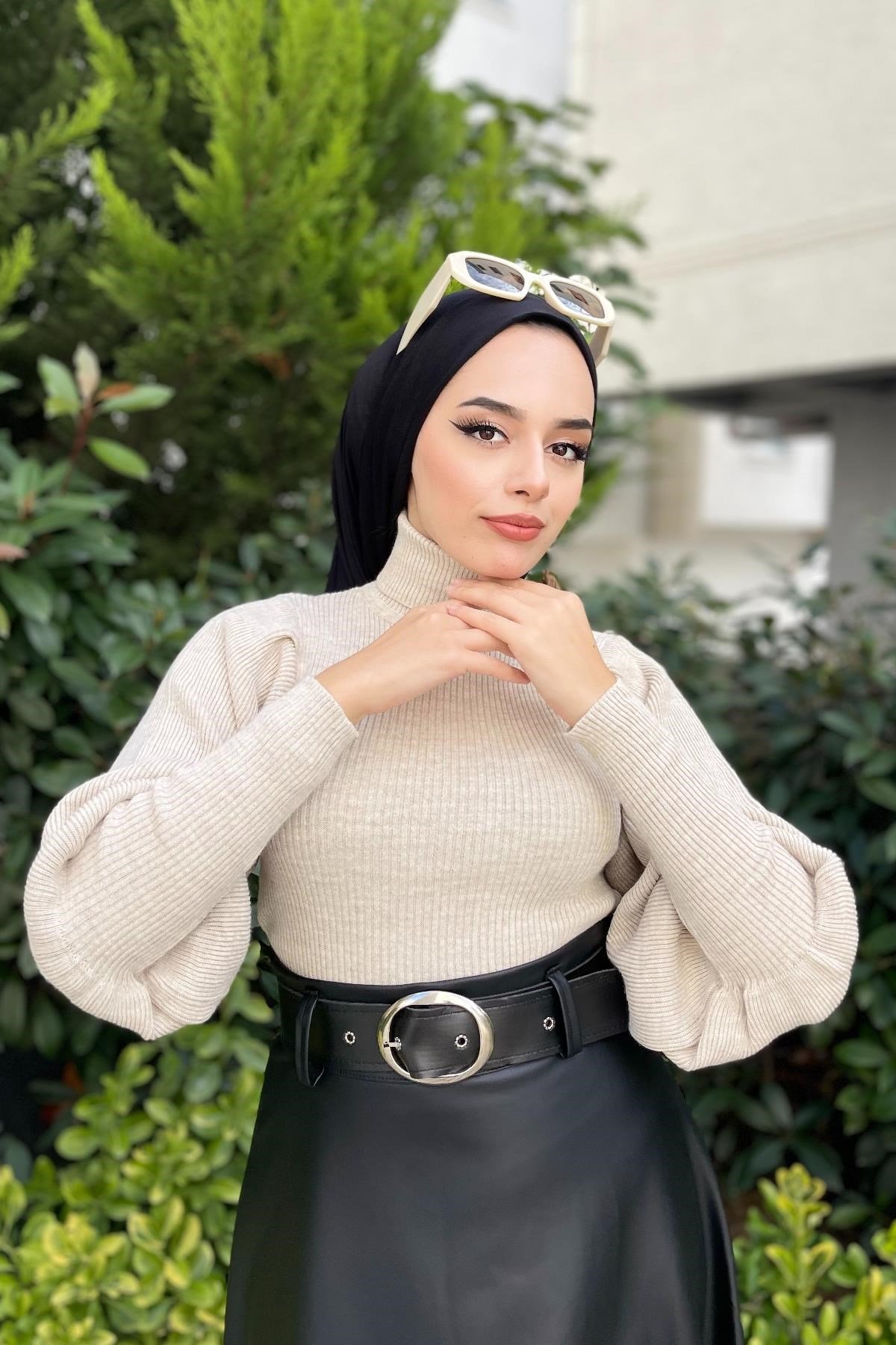 Balon Kol Balıkçı Triko Kazak Bej