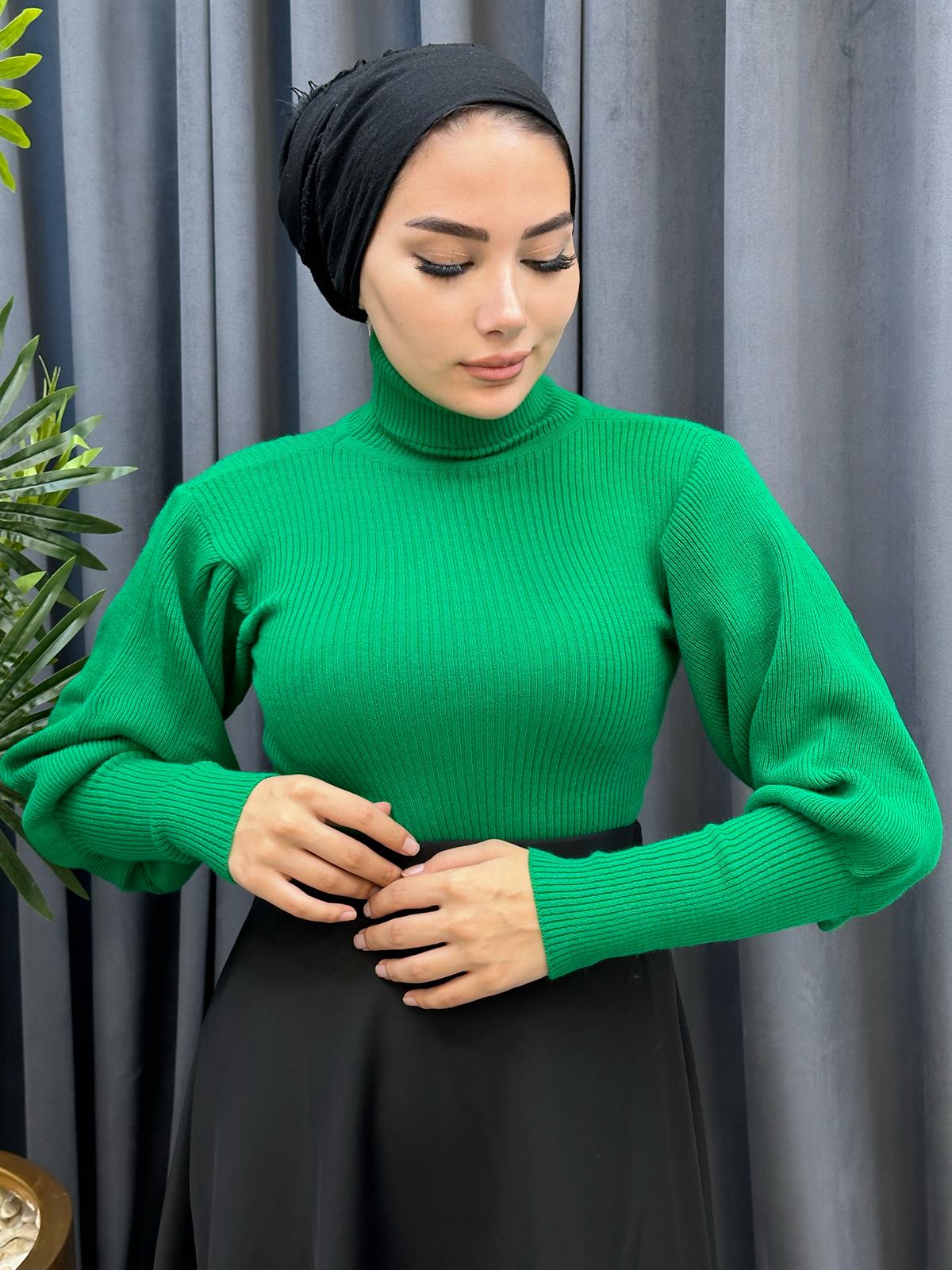 Balon Kol Balıkçı Triko Kazak Yeşil