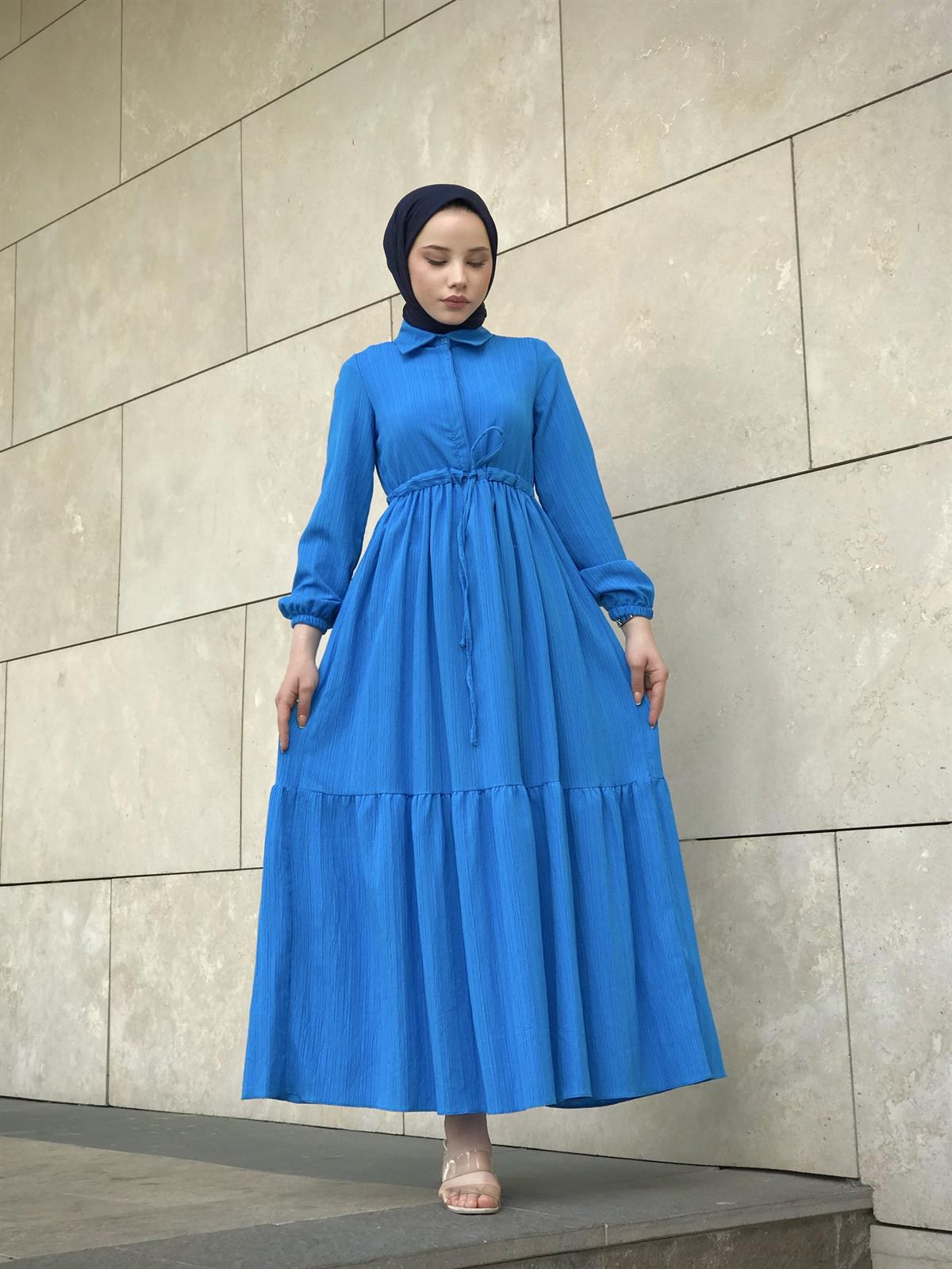 Beli Bağcıklı Gömlek Yaka Merven Elbise İndigo