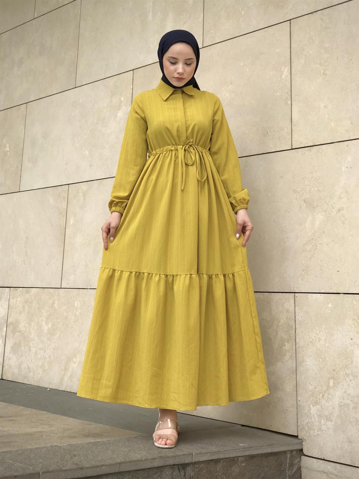 Beli Bağcıklı Gömlek Yaka Merven Elbise YağYeşili