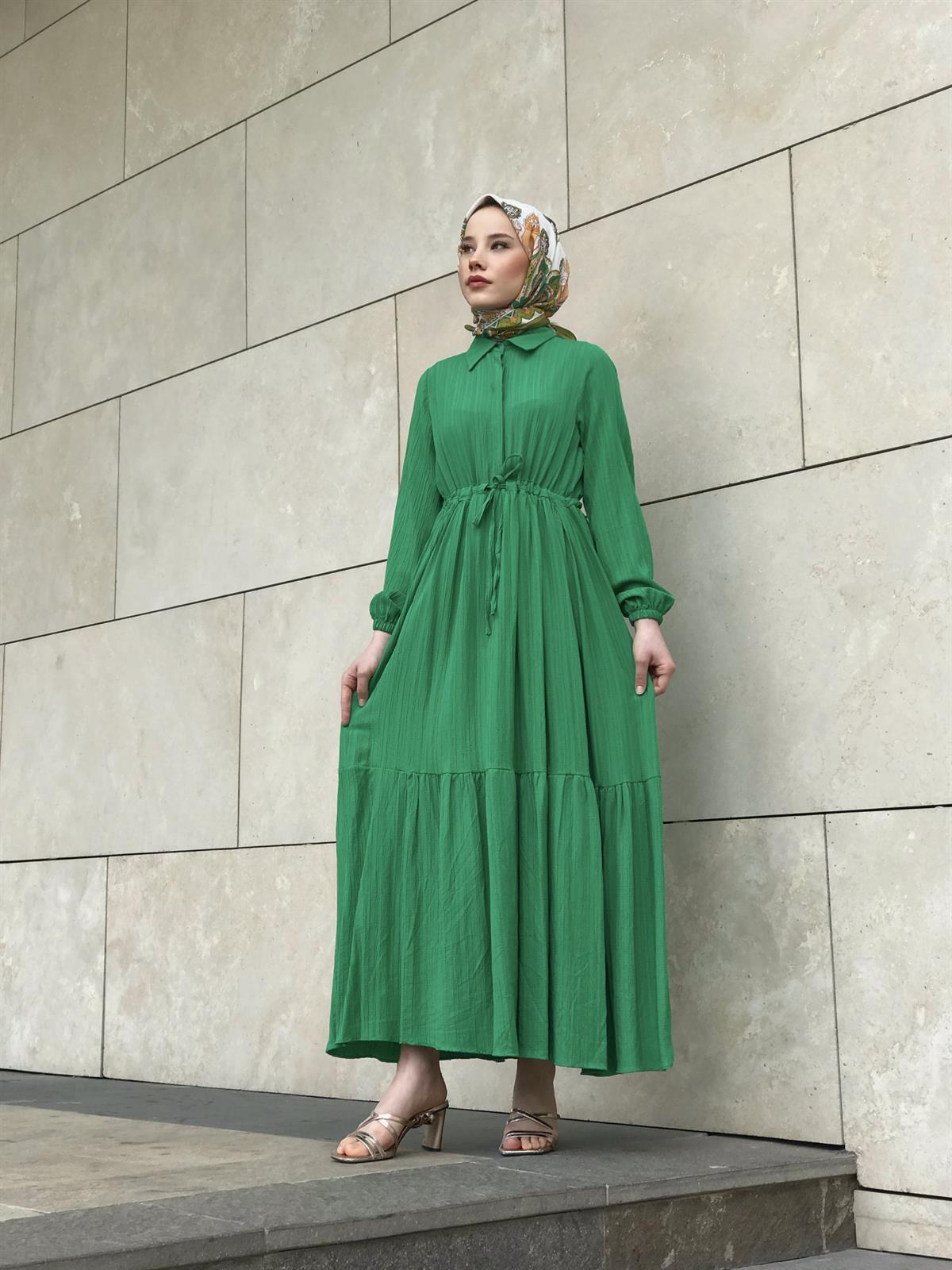 Beli Bağcıklı Gömlek Yaka Merven Elbise Yeşil