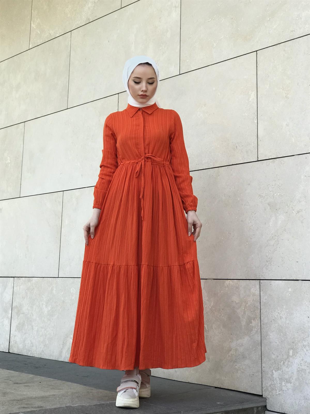 Beli Bağcıklı Gömlek Yaka Merven Elbise Turuncu