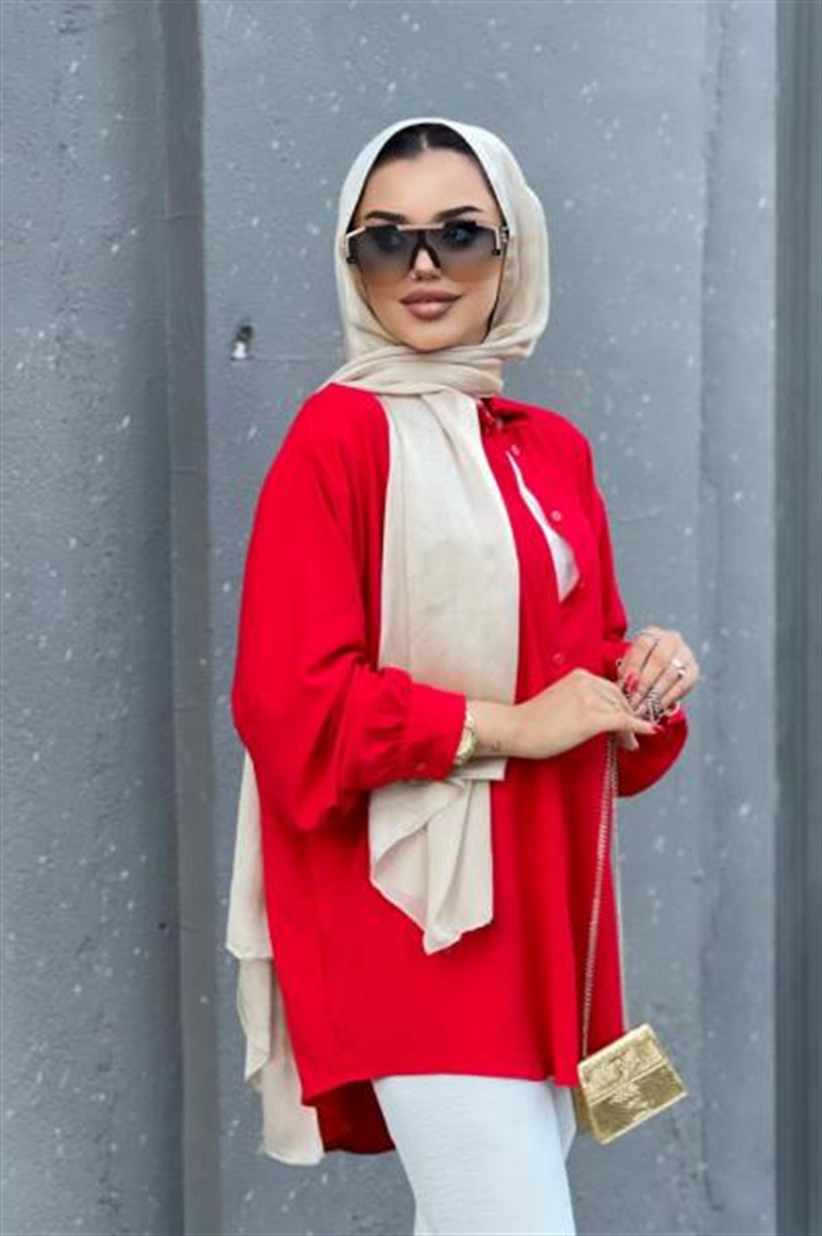 Düğmeli Pamuk Tunik Kırmızı STANDART