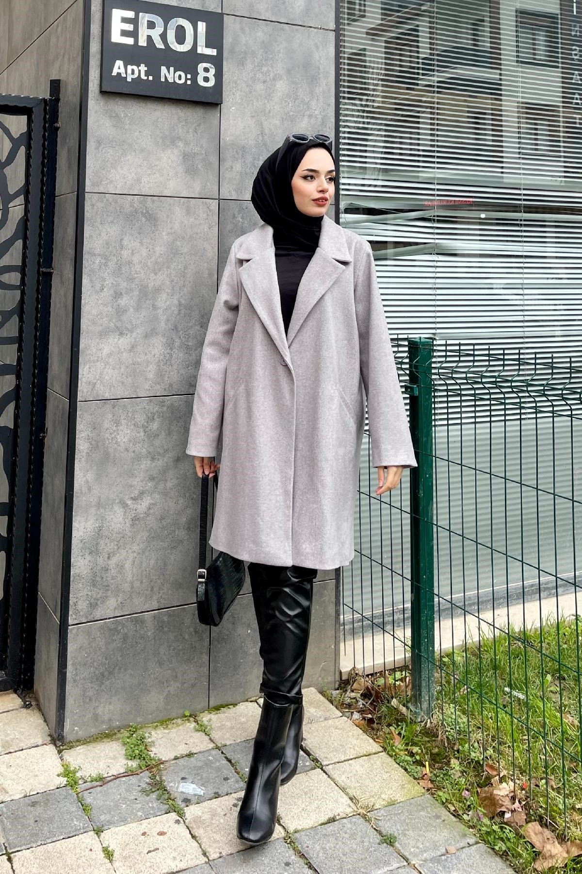 Filetolu Kısa Kaban Gri