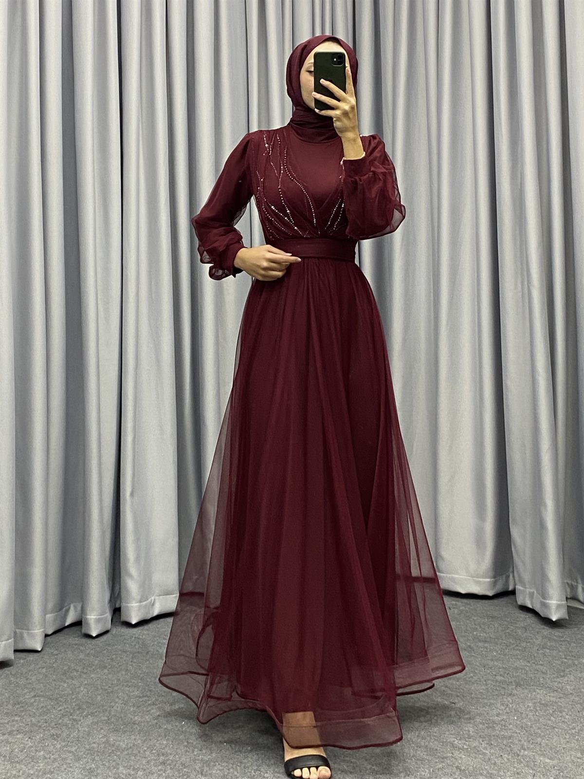 Helena Önü Taşlı Abiye Bordo