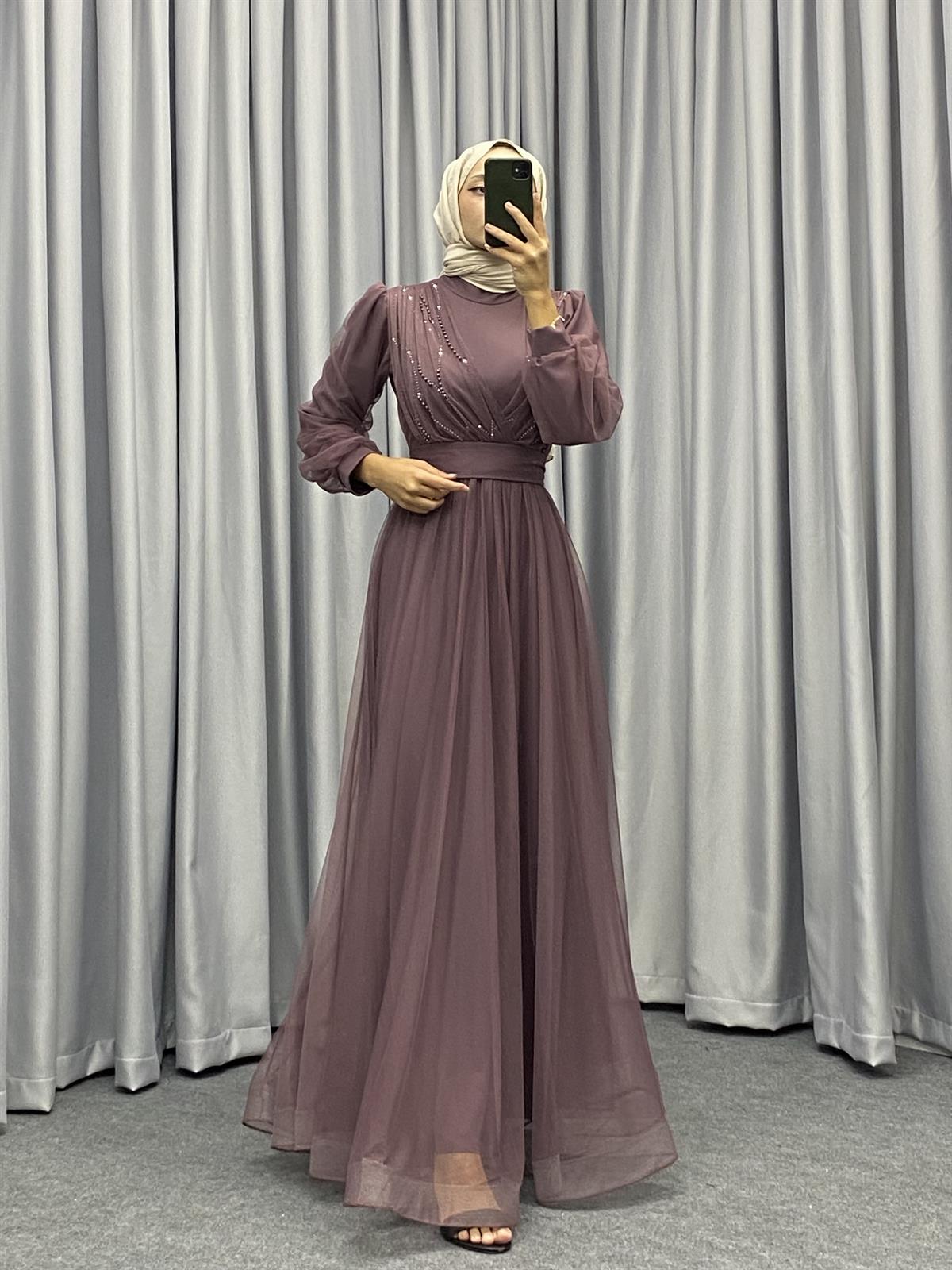 Helena Önü Taşlı Abiye Gül Kurusu