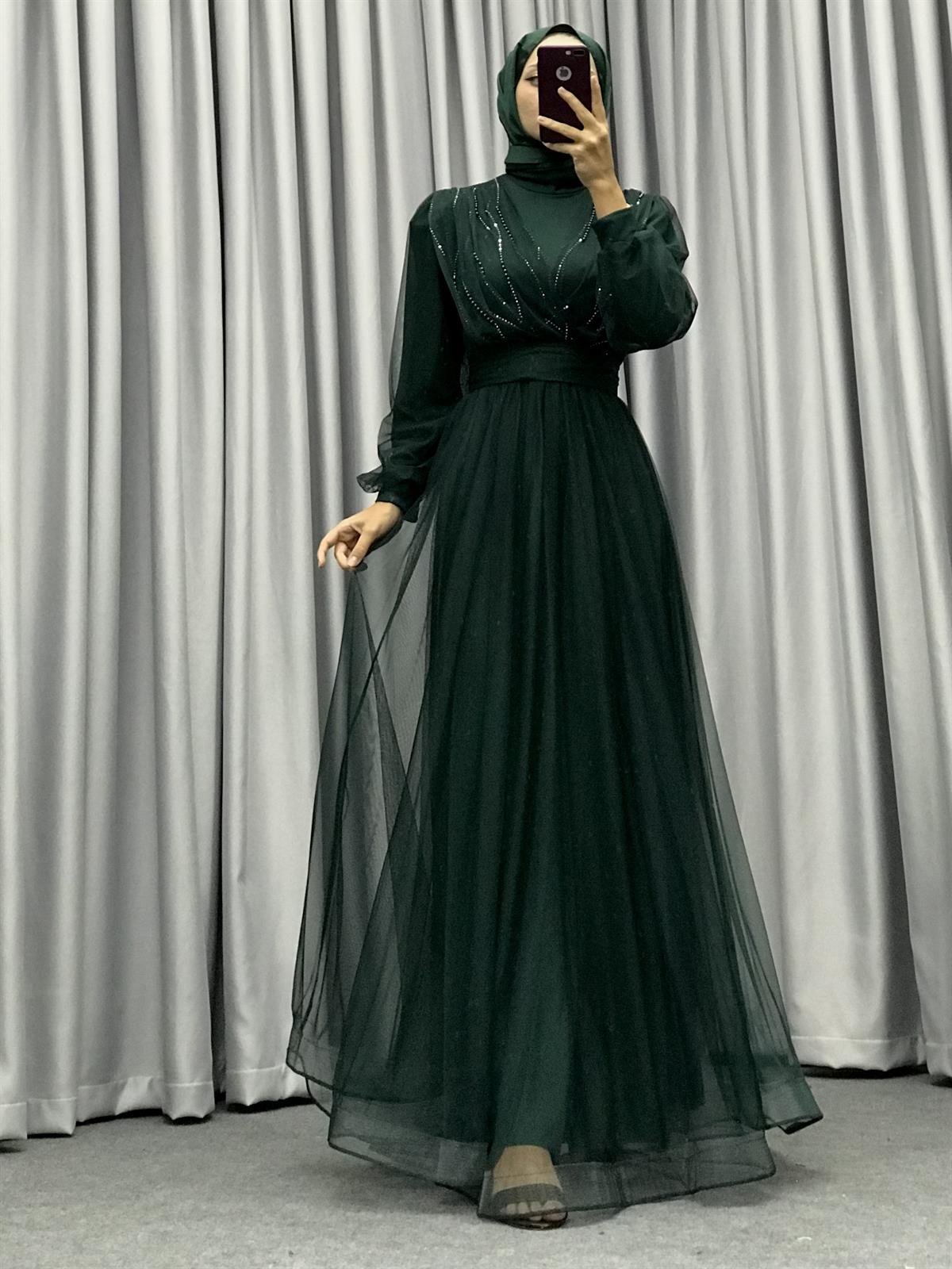 Helena Önü Taşlı Abiye Yeşil