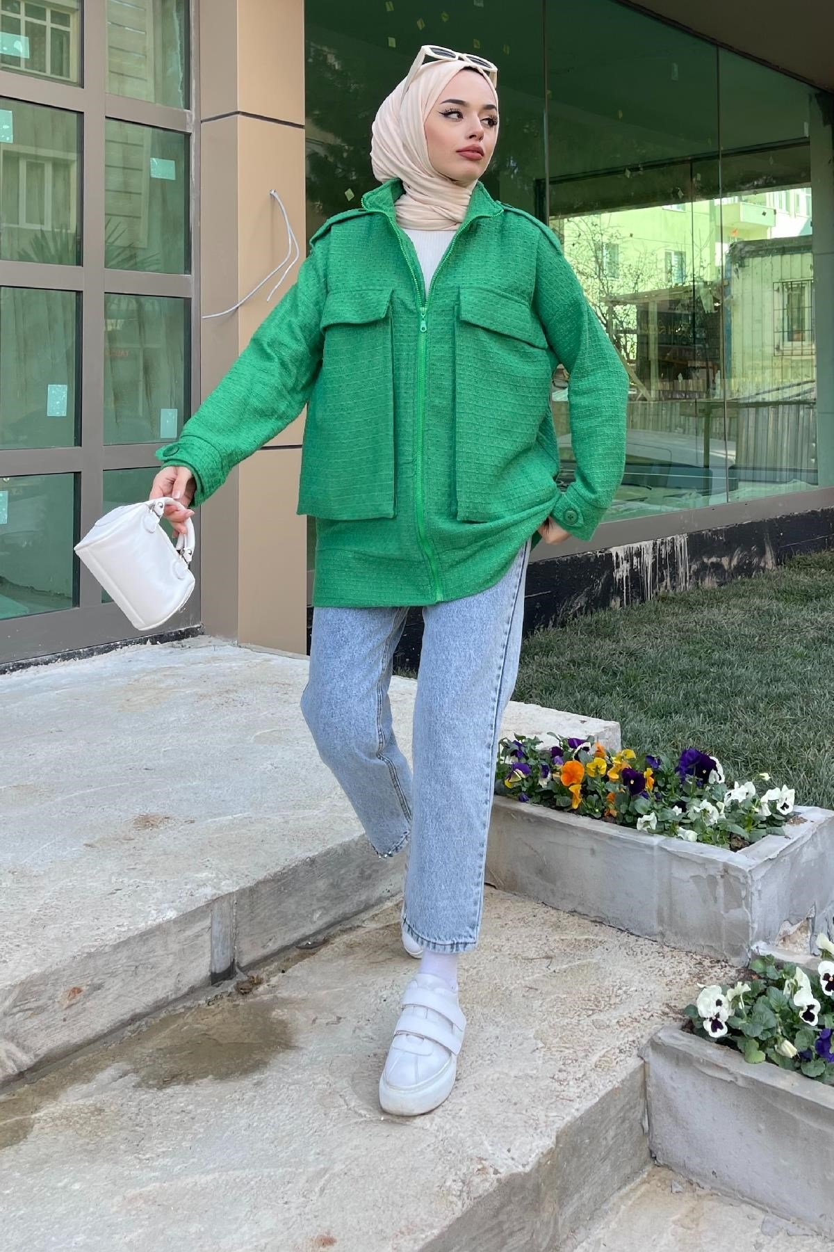 İri Cepli Tüvit Ceket Yeşil