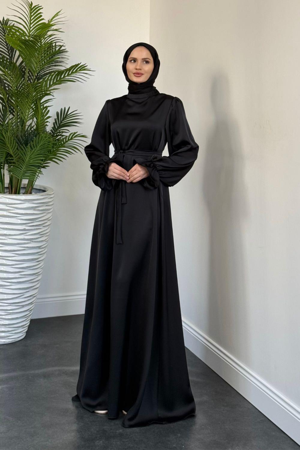 Lady Kolu Fırfır Saten Abiye Siyah