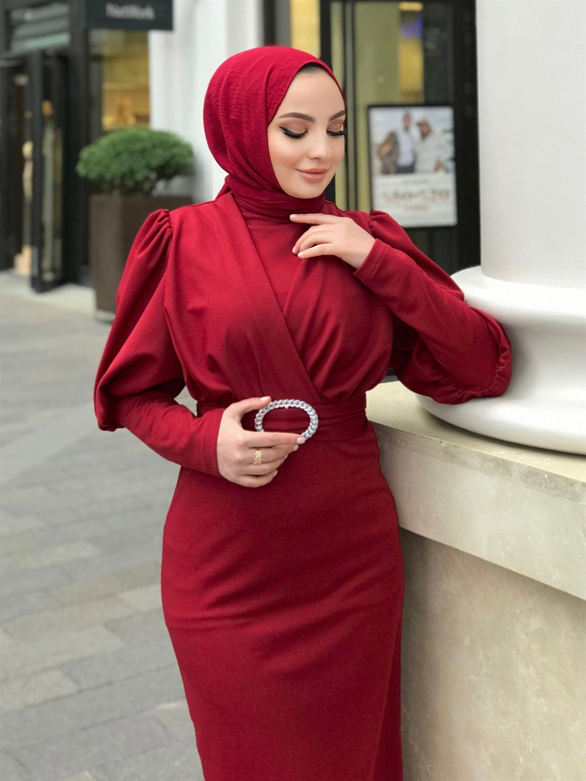 Önü Çapraz Kemerli Elbise Bordo