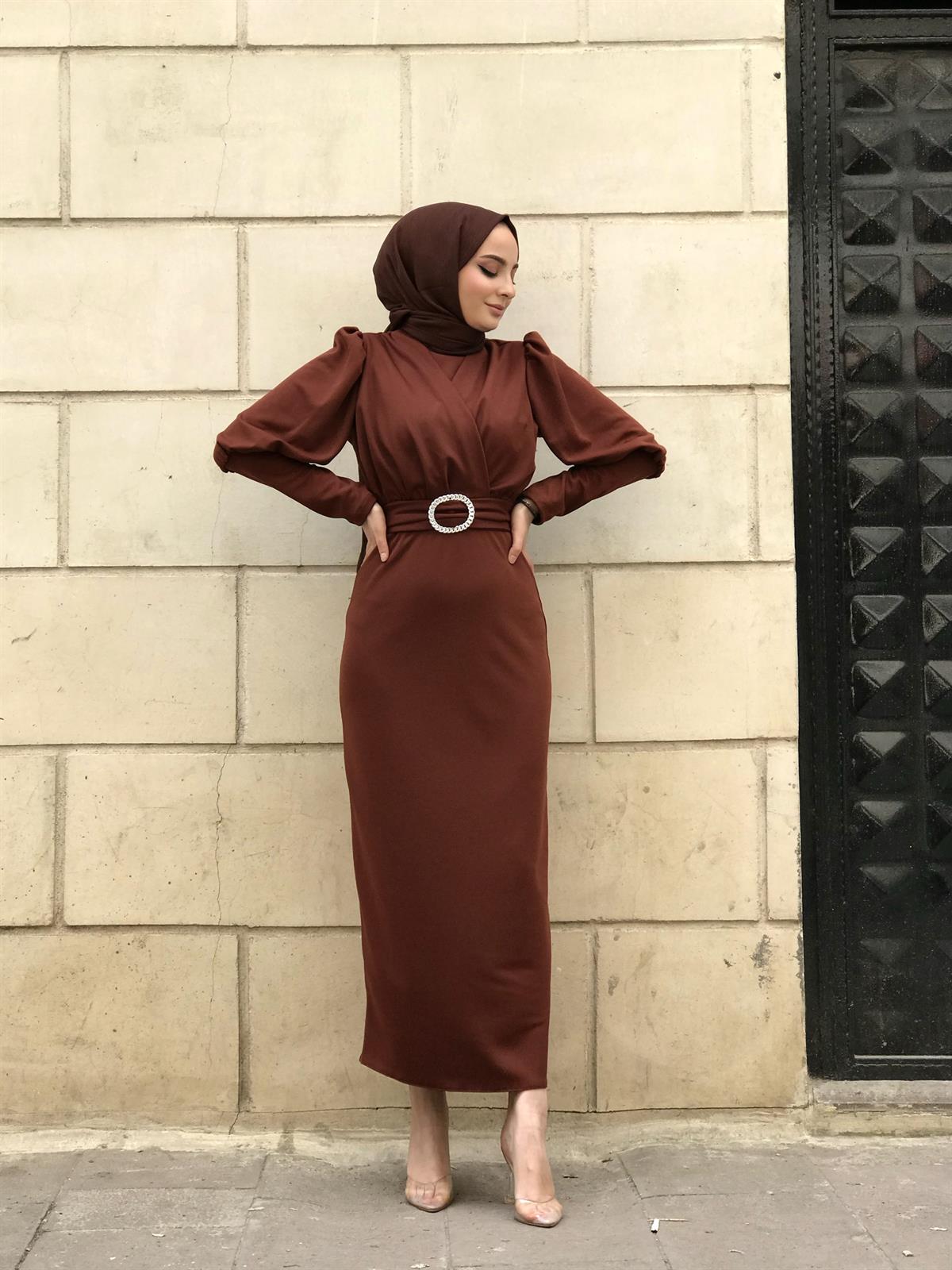 Önü Çapraz Kemerli Elbise Kiremit