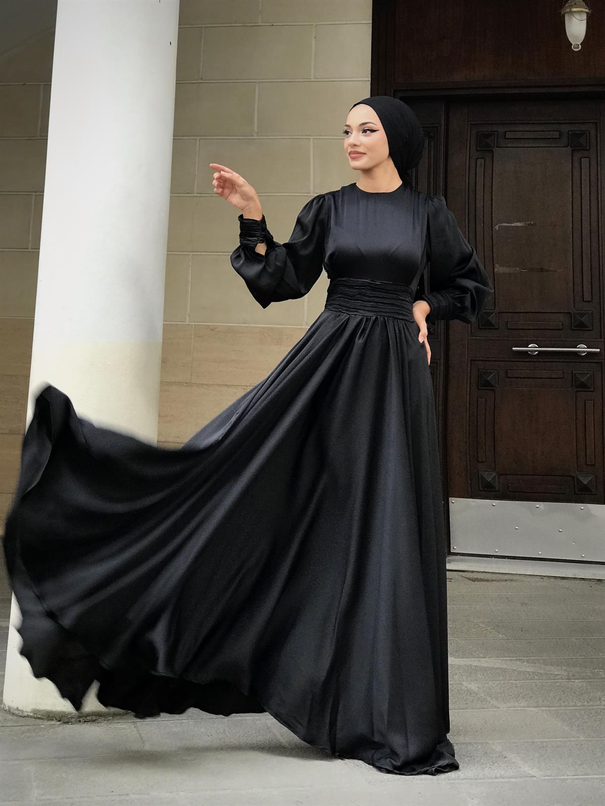 Paris Drapeli Saten Abiye Siyah