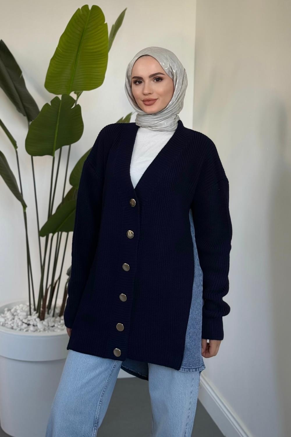 Ritim Yan Arka Kotlu Hırka Lacivert