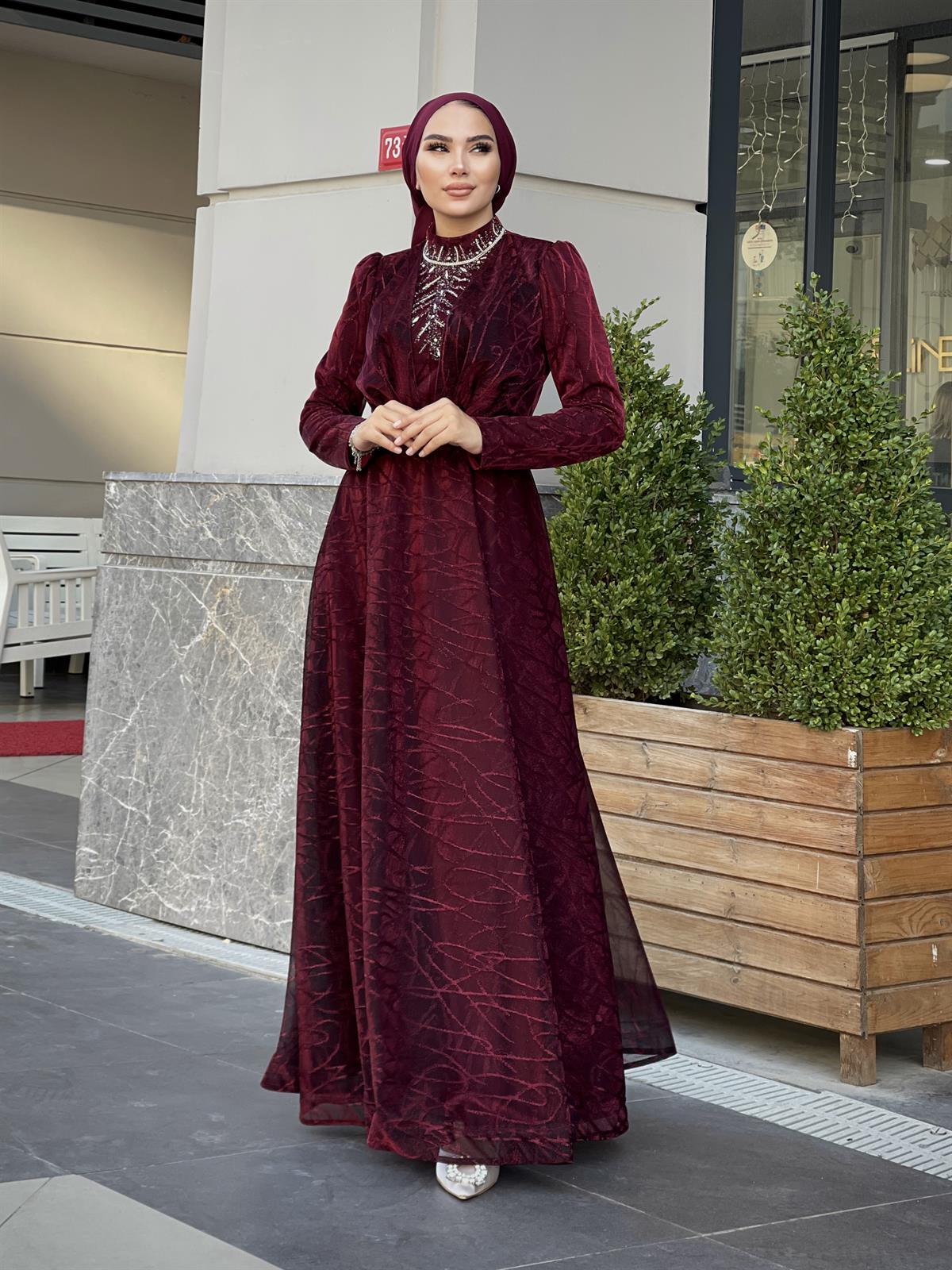 Şahmaran Önü Taşlı Abiye Bordo