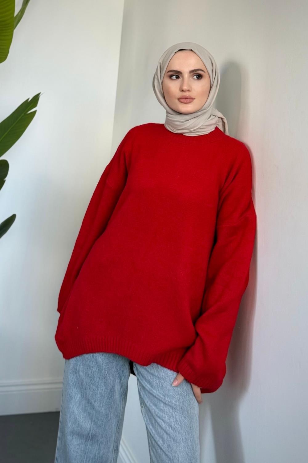 Sezin Ön Oval Kol Salaş Tunik Kırmızı