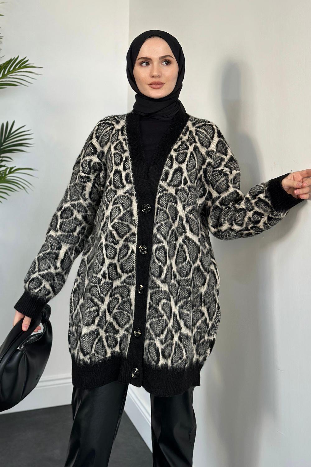 Tedra Leopar Düğmeli Hırka Siyah