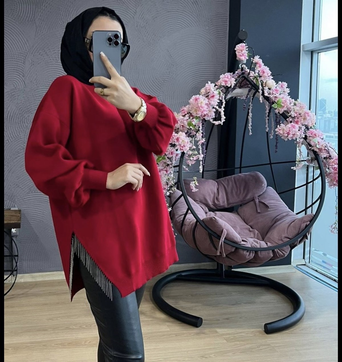 Yarı Zincirli Triko Tunik Bordo