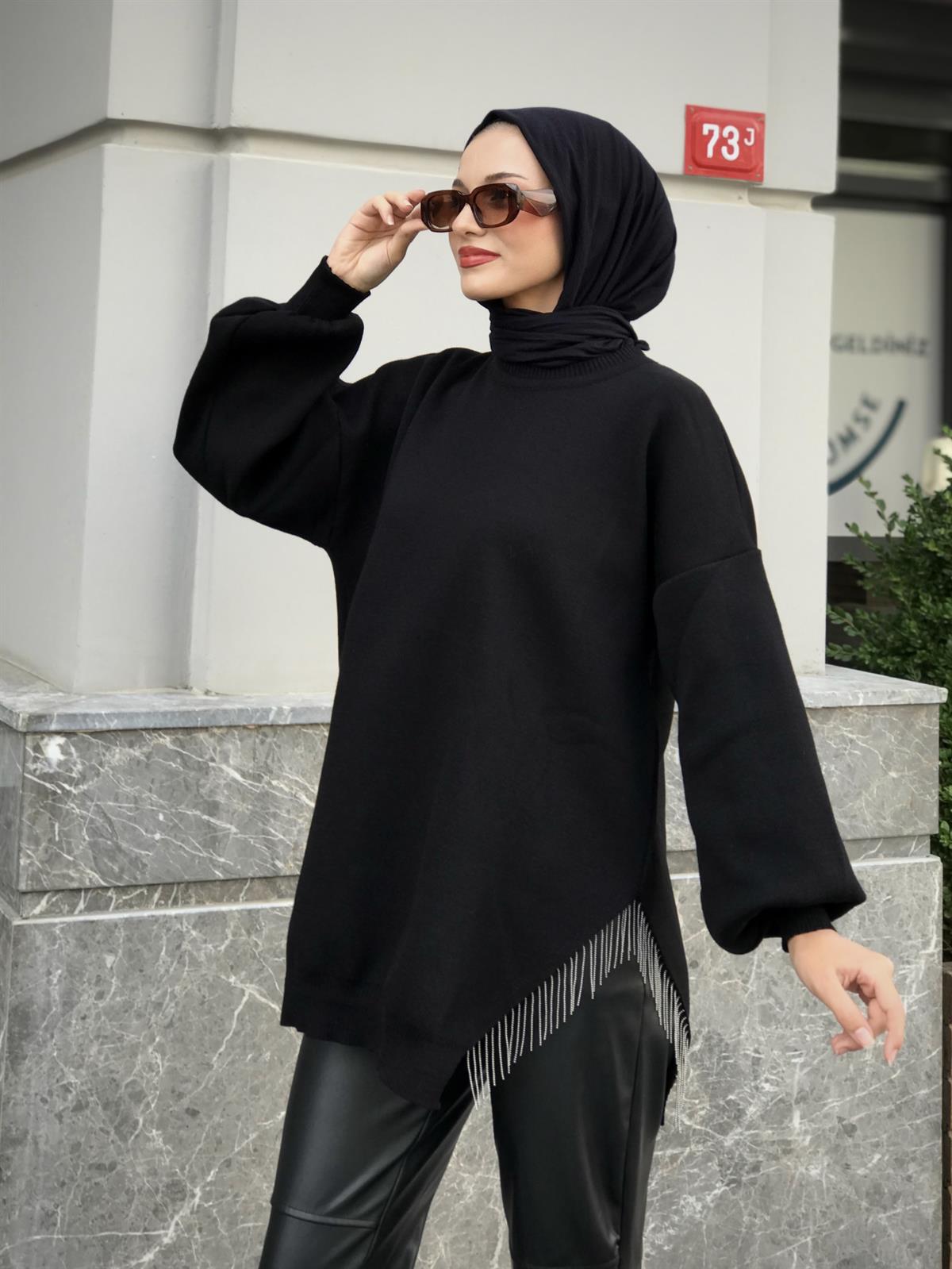 Yarı Zincirli Triko Tunik Siyah