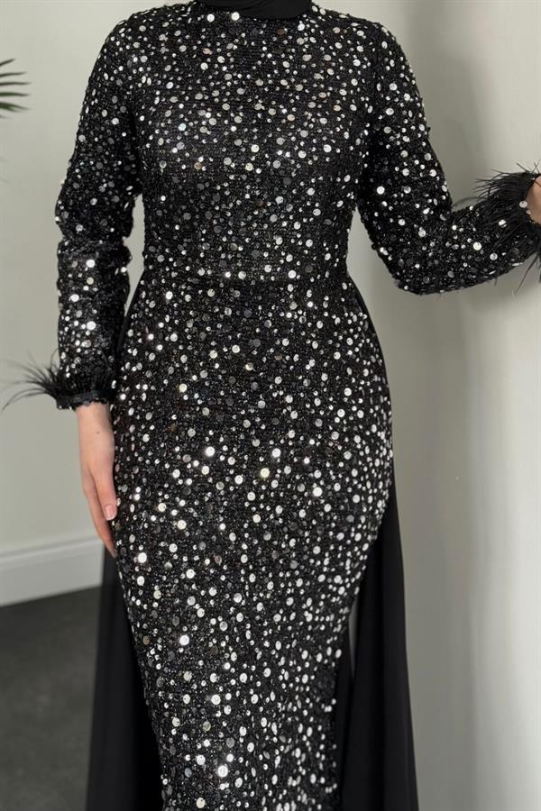 Sanem Pelerinli Pul Payet Abiye Gri - Merven Moda