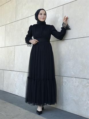 Kolları Fırfır Detay Drapeli Abiye Siyah