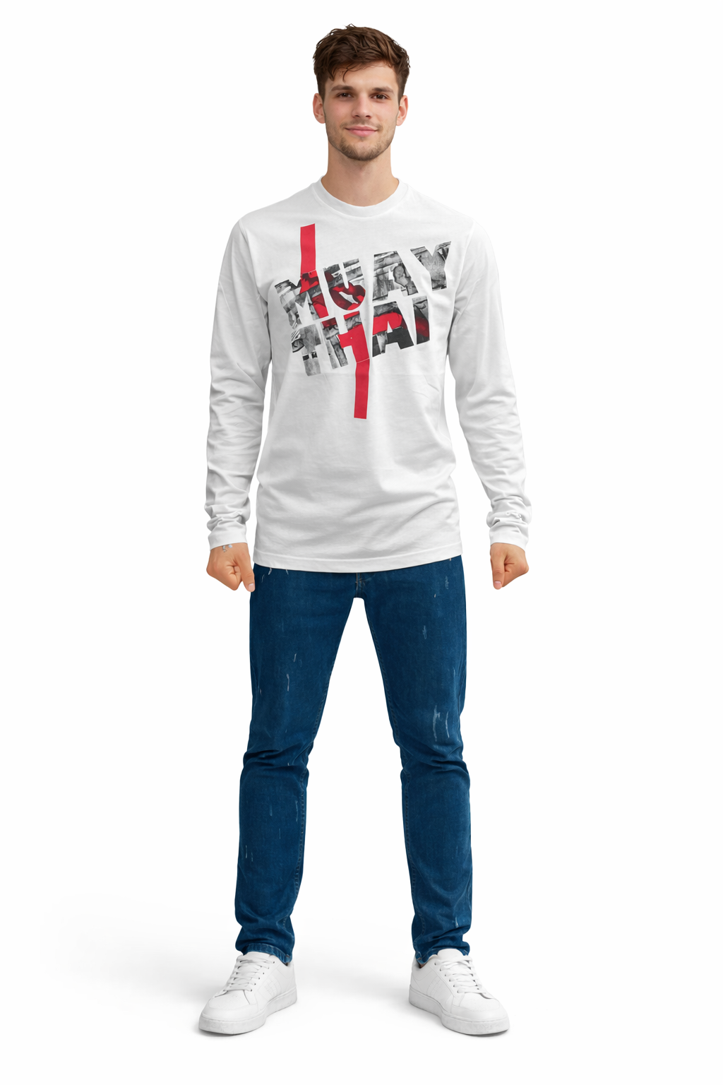 Beyaz Unisex Muay Thai Uzun Kollu Pamuk Tişört / 2449-01