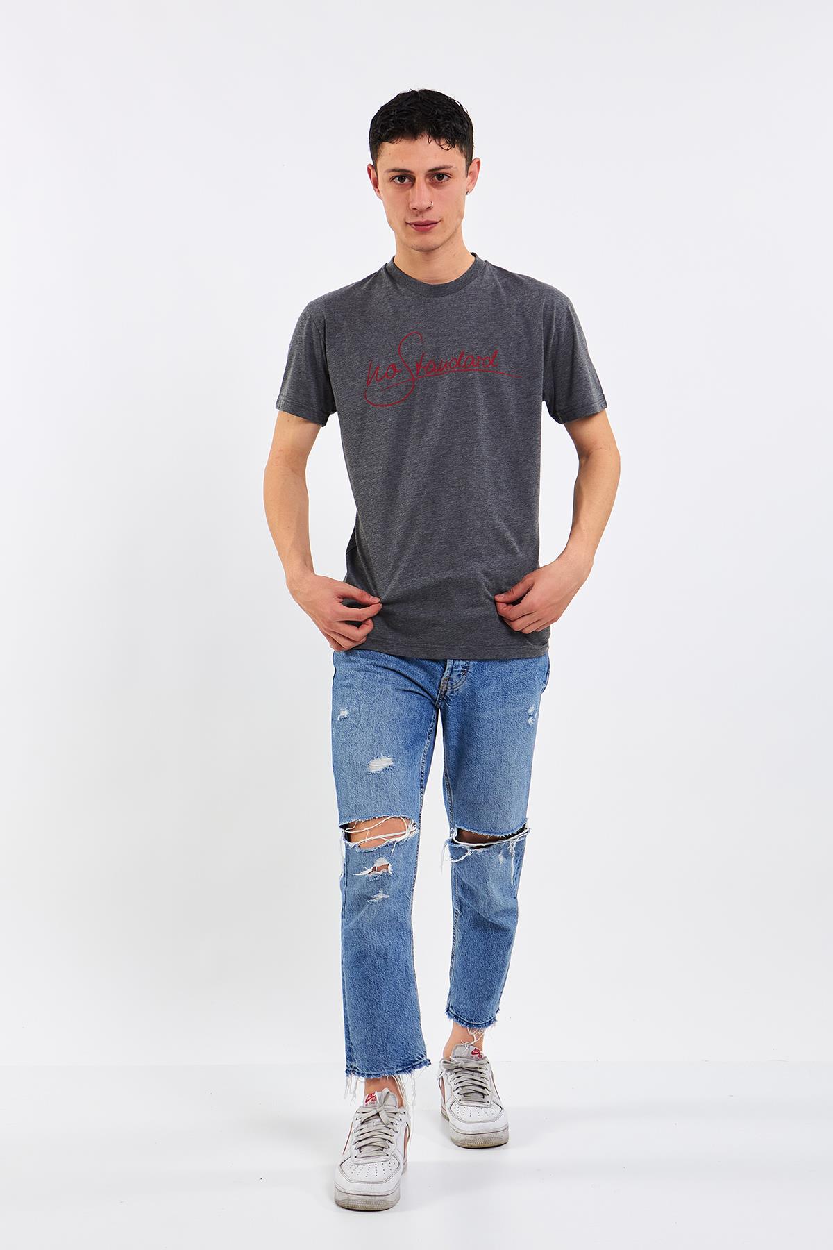 Gri Erkek No Standart  Klasik T-Shirt