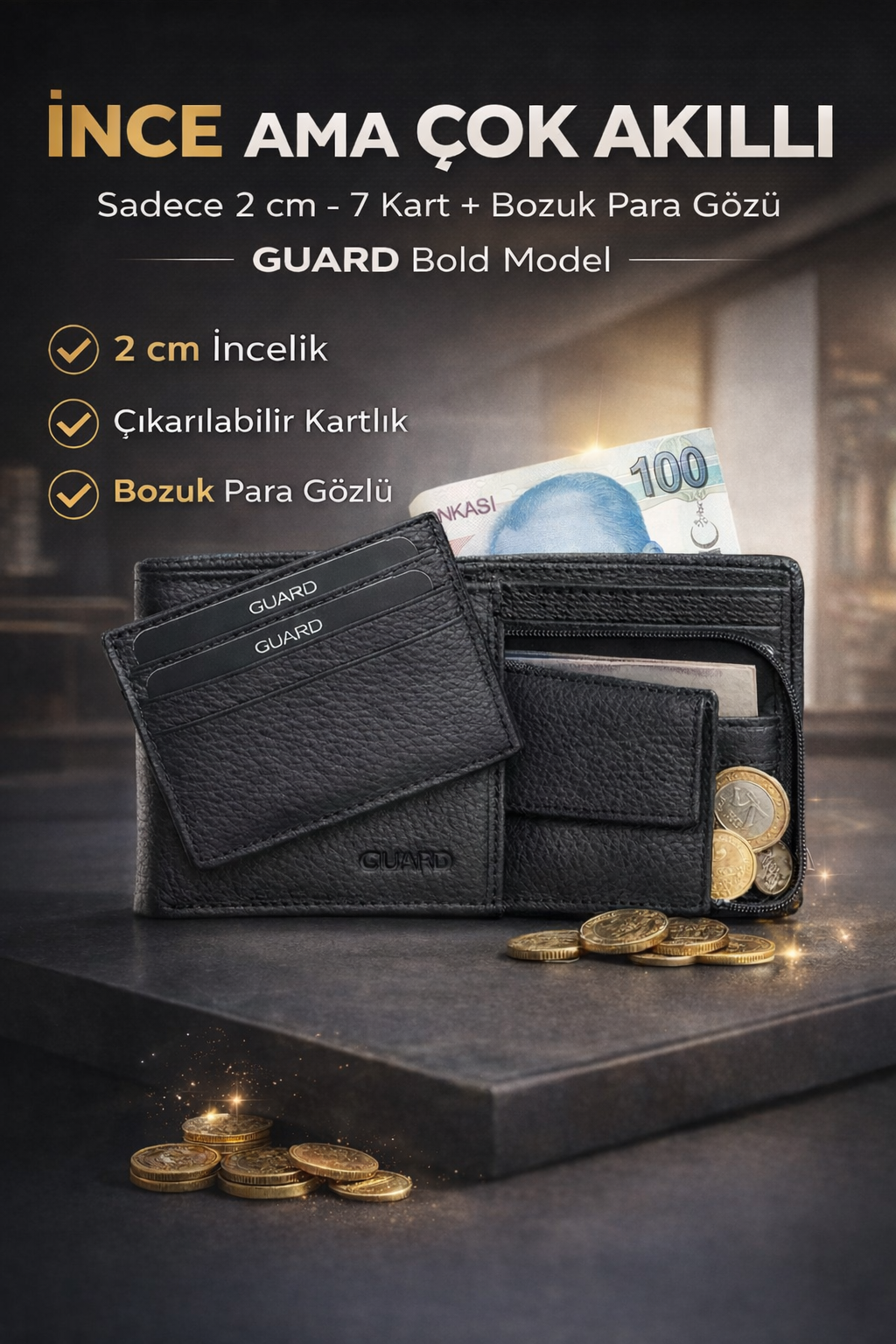 GUARD Gizli Kart Bölmeli Siyah Hakiki Deri Erkek Cüzdan