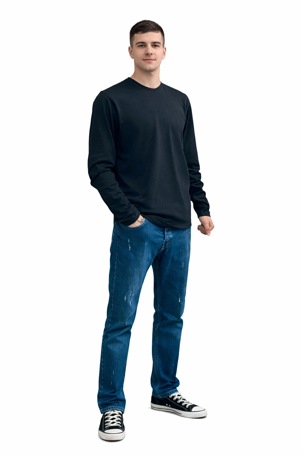 Siyah Erkek No Standart Uzun Kollu Polyester Karışımlı Tişört