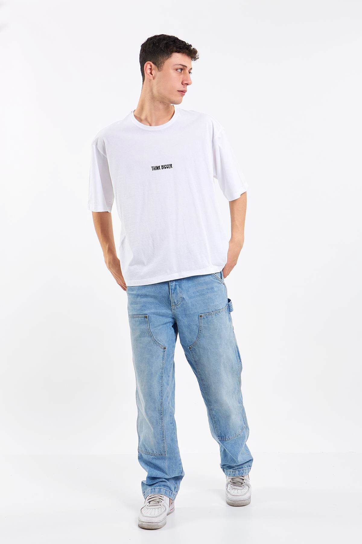 Unisex Think Bigger Baskılı Oversize Beyaz T-Shirt %100 Pamuk