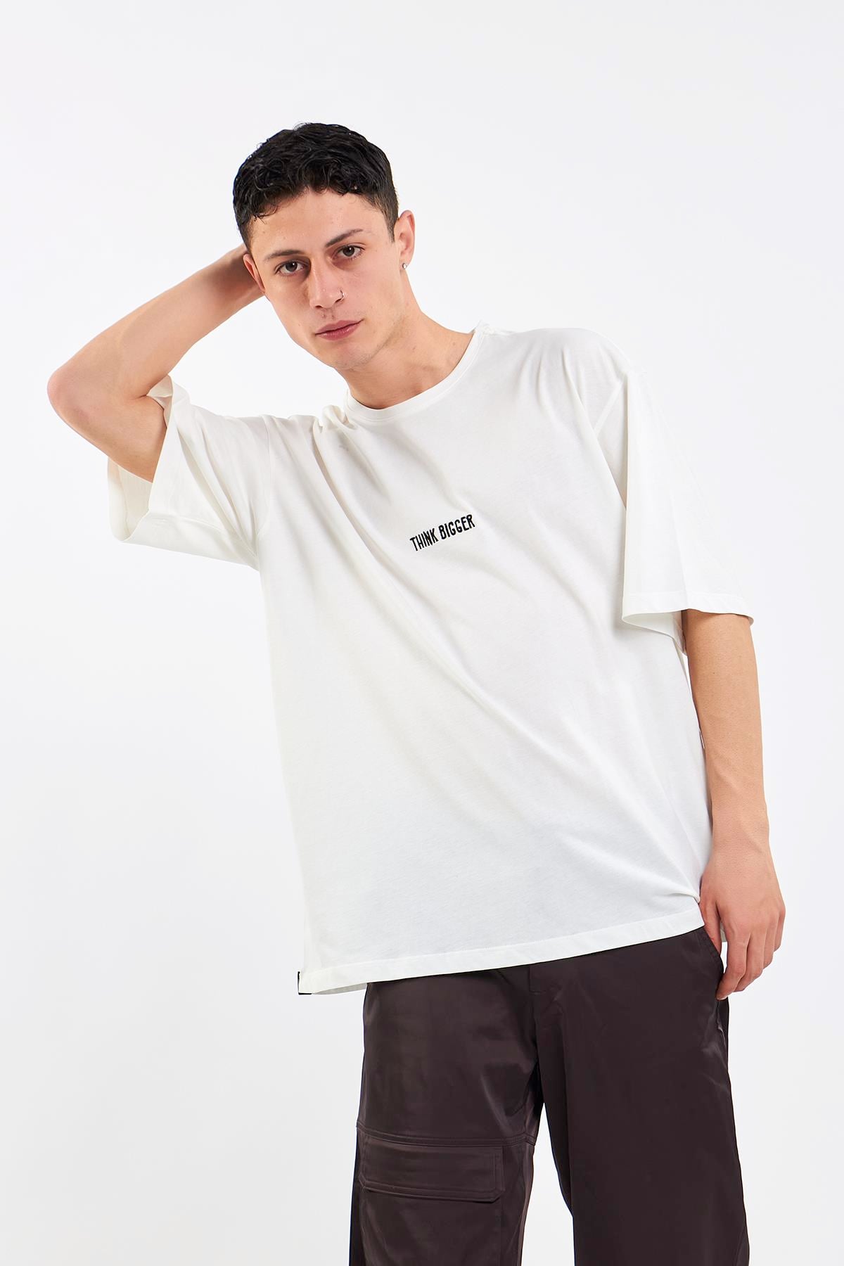 Unisex Think Bigger Baskılı Oversize Ekru T-Shirt %100 Pamuk