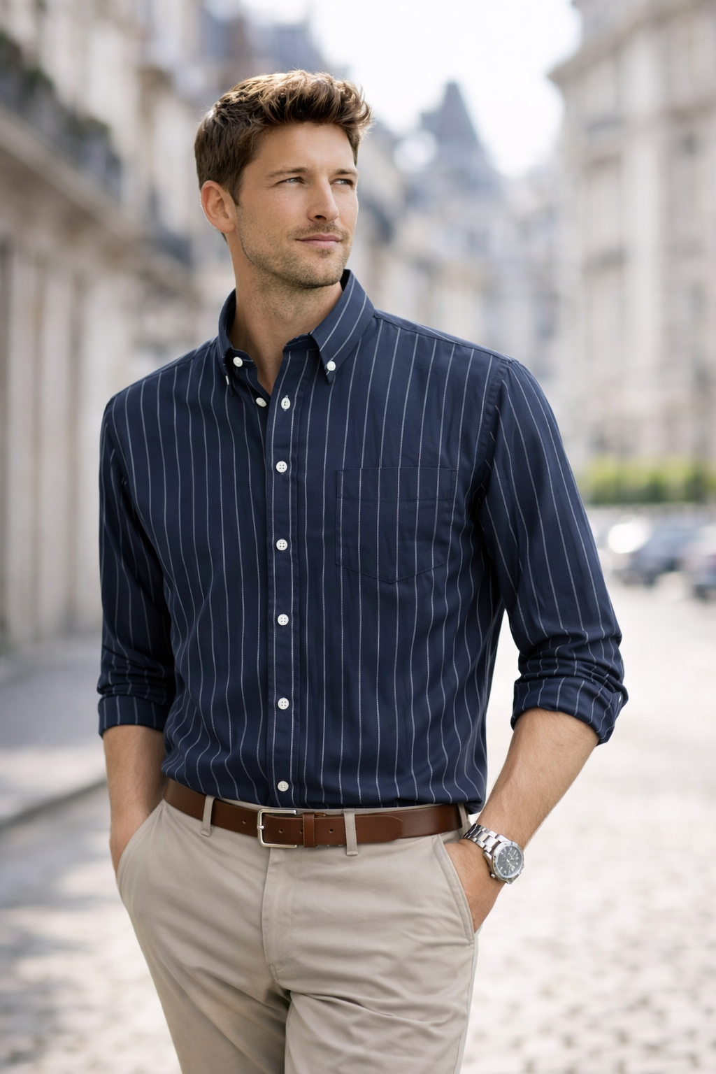 Viscon Lacivert Çizgili Gömlek 