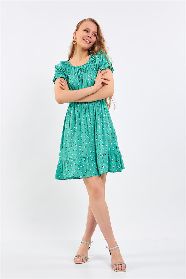 AÇIK YEŞİL VİSKON ÇİÇEKLİ ELBİSE 8042