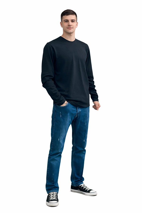 Siyah Erkek No Standart Uzun Kollu Polyester Karışımlı Tişört