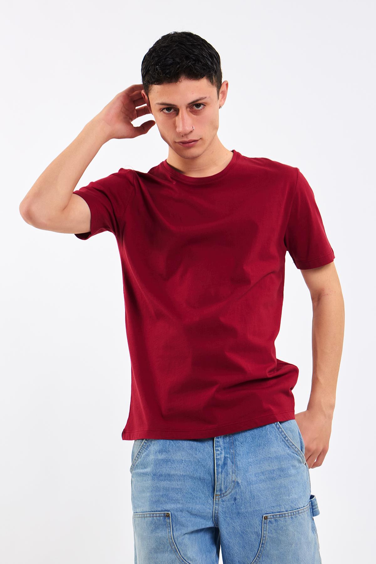 BORDO SLİM FİT PAMUK T-SHIRT
