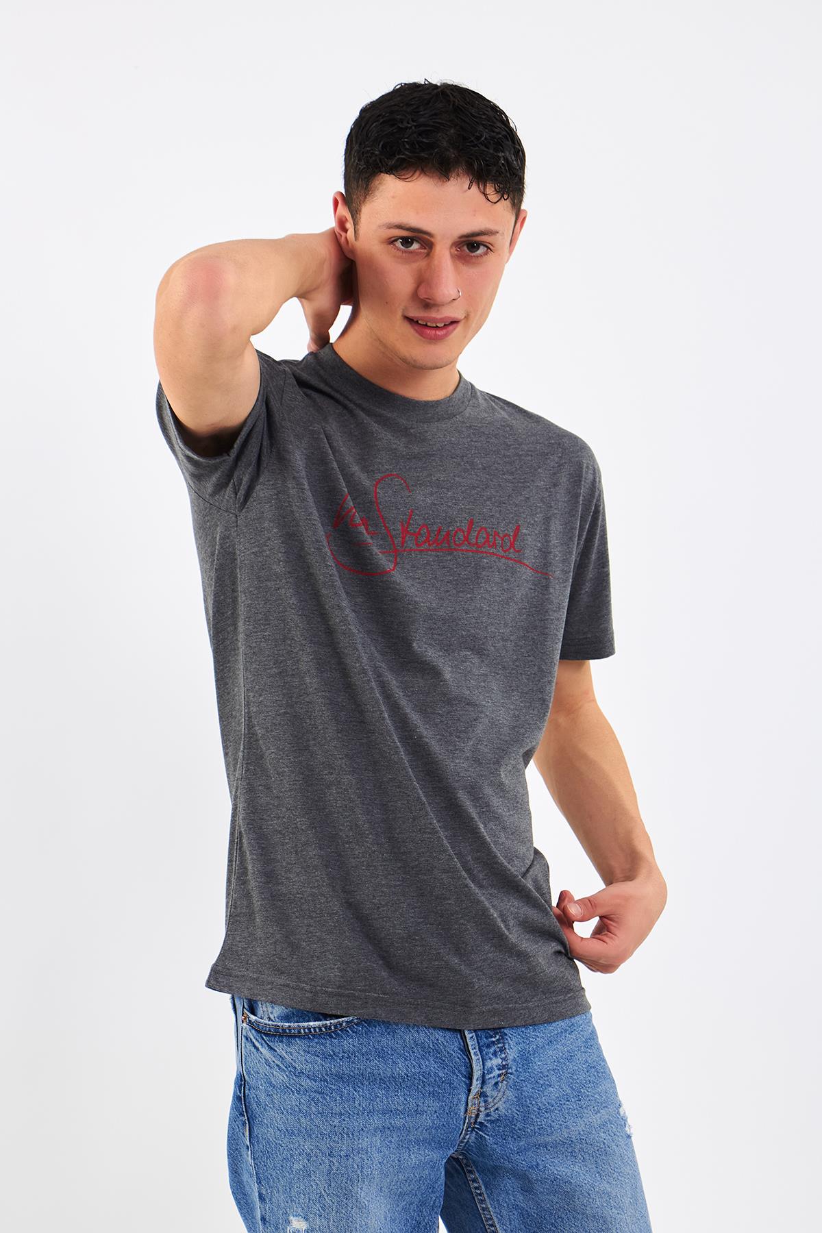 Gri Erkek No Standart  Klasik T-Shirt