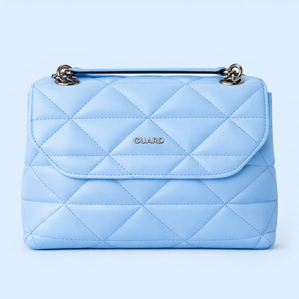 Guard Açık Mavi Capitone Baskılı Zincirli Deri Büyük Kadın Kol Çantası