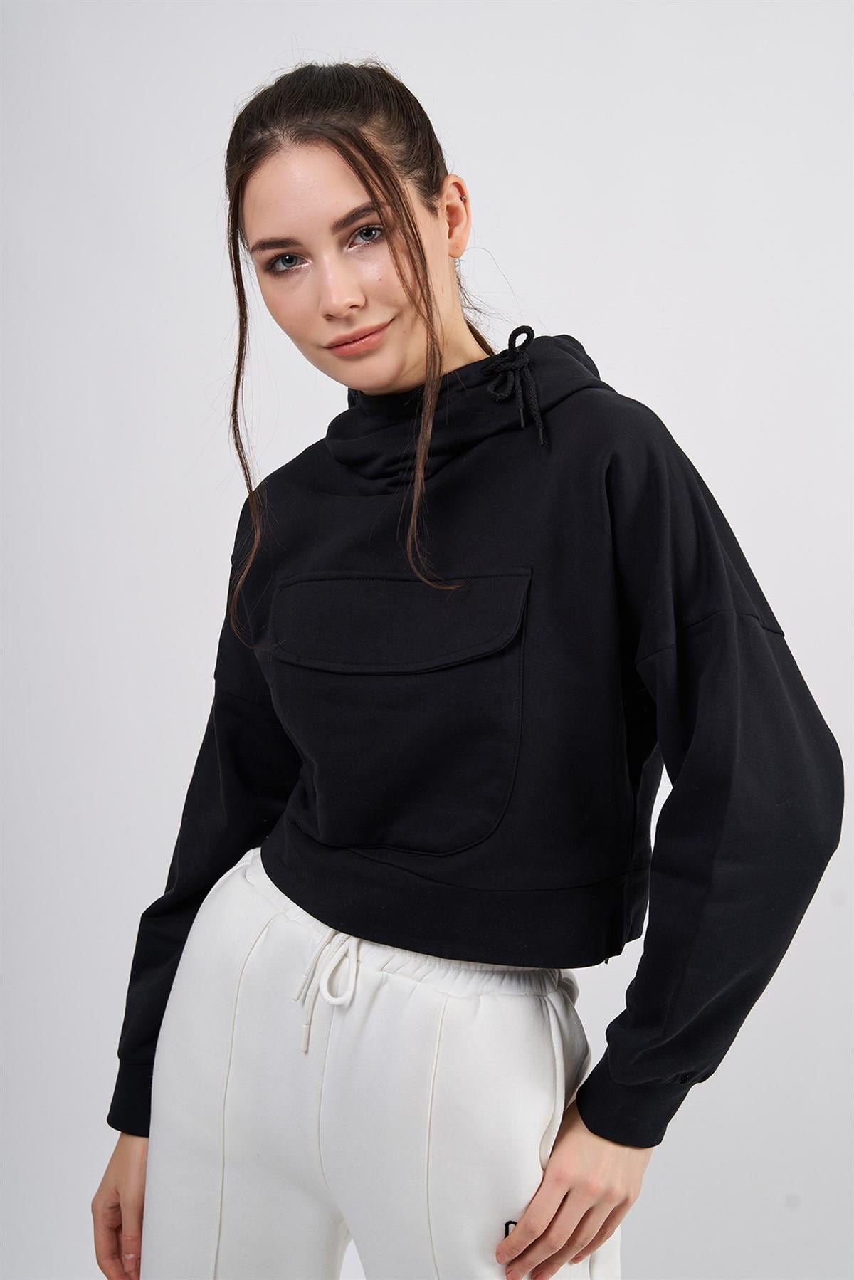 Kadın Önden Cepli Kapüşonlu Pamuk Sweatshirt