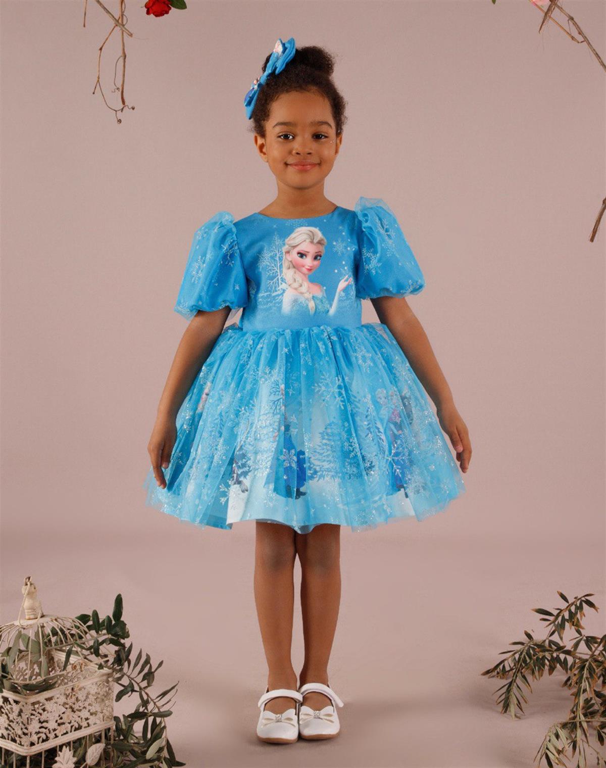 Kız Çocuk Fiyonk Detaylı Tokalı Tüllü Elsa Frozen Elbise