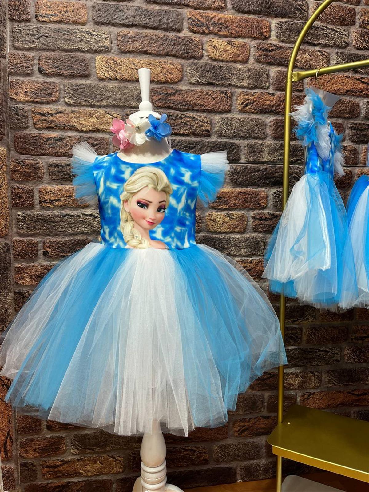 Kız Çocuk Taçlı Tüllü Astarlı Frozen Elsa Elbise