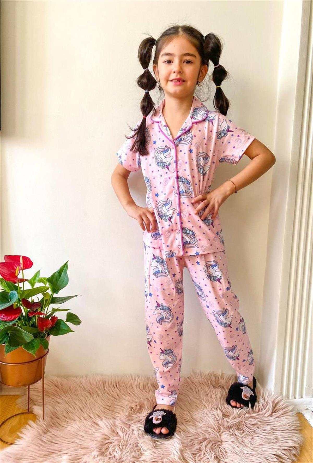 Kız Çocuk Unicorn Düğmeli Kısa Kollu %100 Pamuk Pijama Takımı