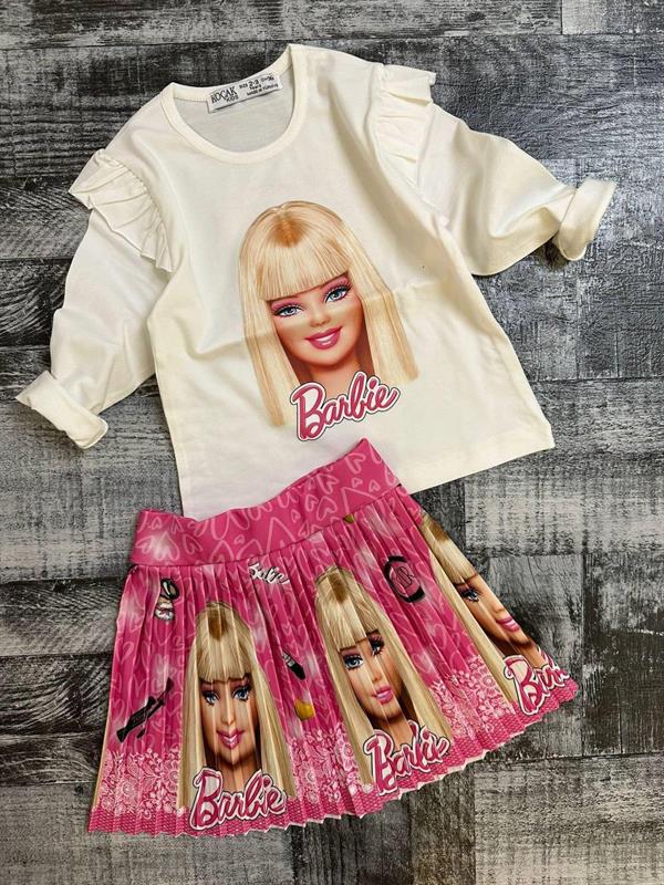 Kız Çocuk Barbie Pileli Etek Kombinli Alt Üst Takım