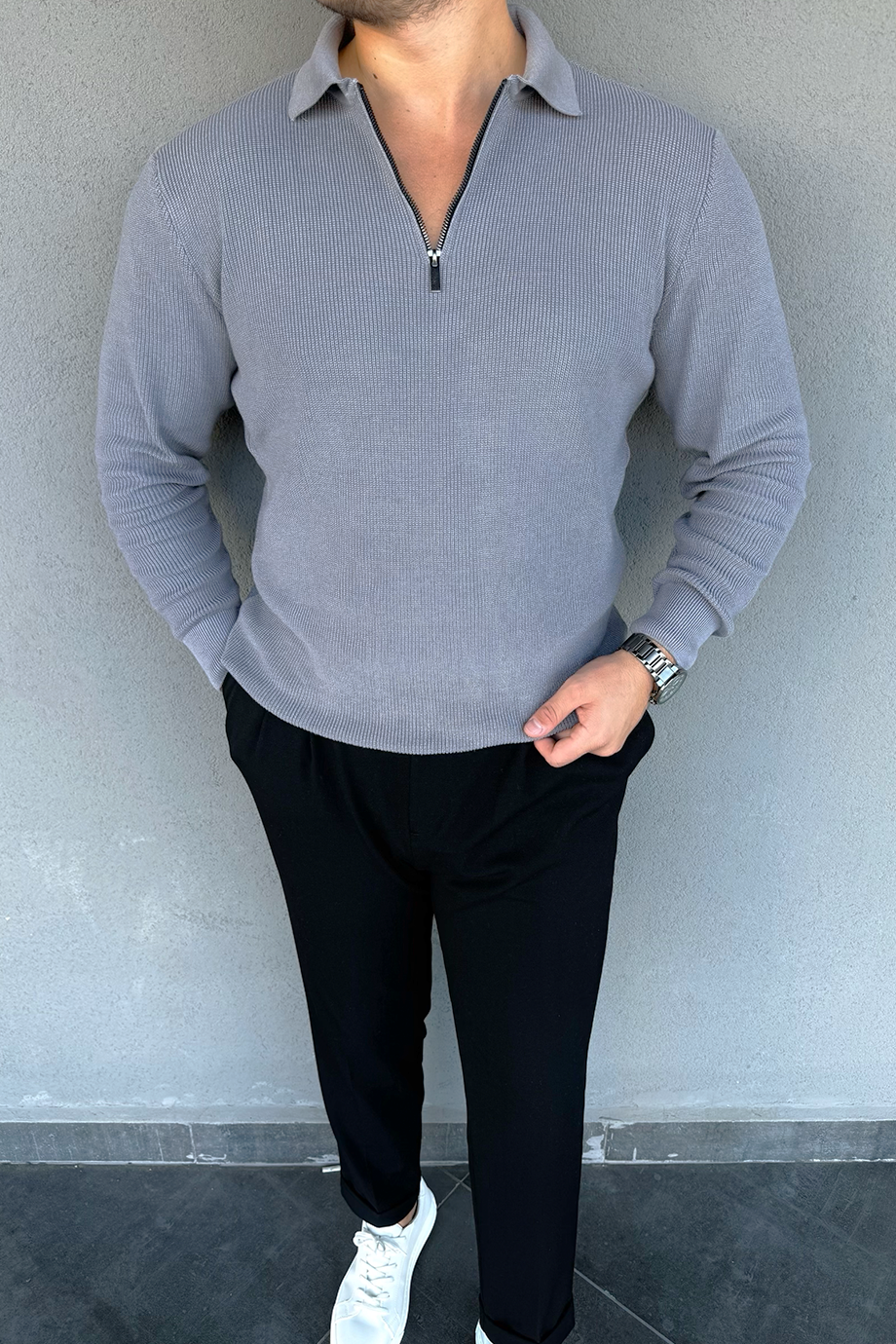 GRİ İNCE ÖRME FERMUARLI İNDİRİMLİ KAZAK