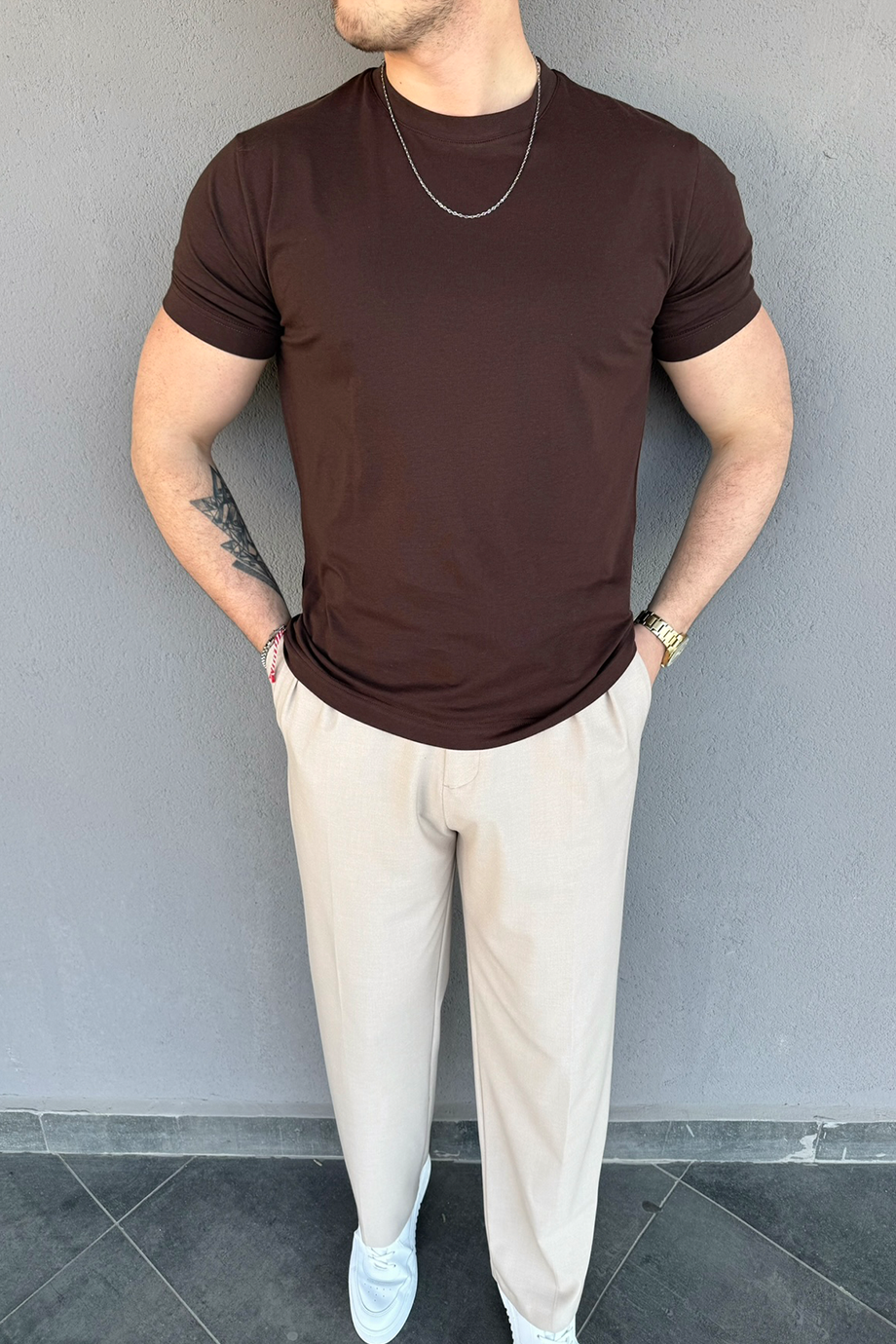 KAHVE REGULAR FİT BASİC T-SHİRT